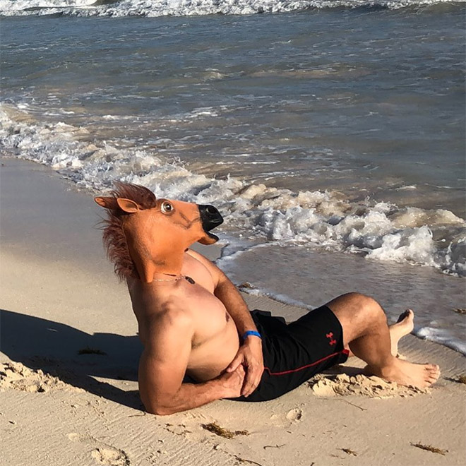 мужчина в маске лошади на берегу моря
